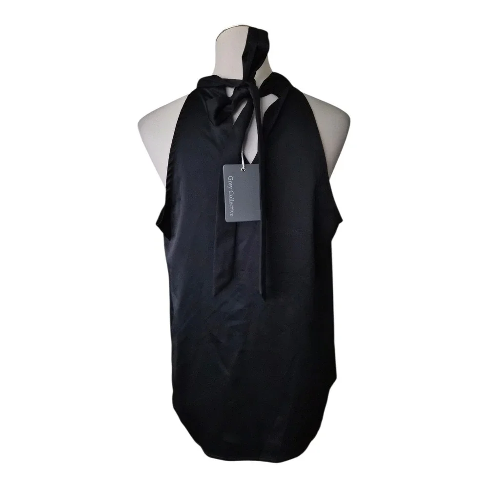 Grey Collective Black Satin Halter Top Blouse‎ Size M Tie Neck Sleeveless NWT